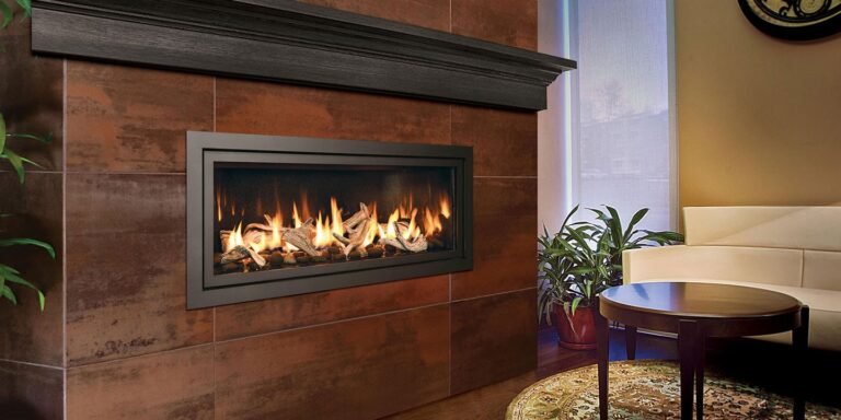 A contemporary living room featuring a gas fireplace with a simple button to turn fire off and on.