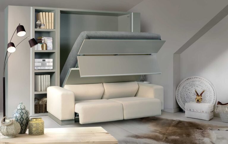 a multifunctional murphy bed perfect for small guest bedroom/ home office that can be folded up and used a seating space. and covers less bed space during day time.