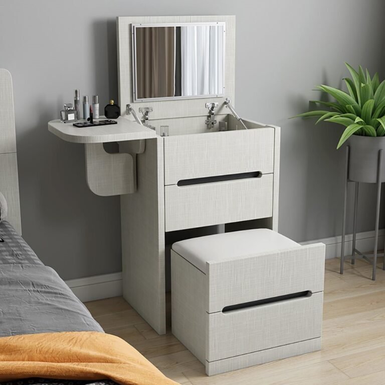 a white compact folding vanity with mirror, hidden compartments, and a seater.