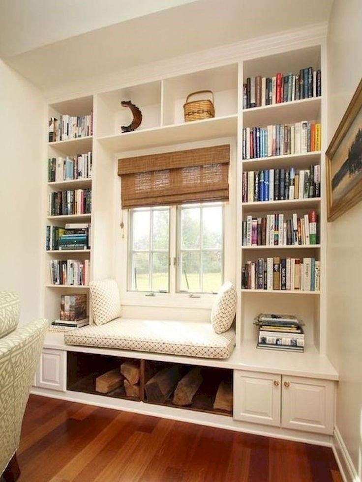 over the window shelve storage compartments to display books indoor plants and décor items.