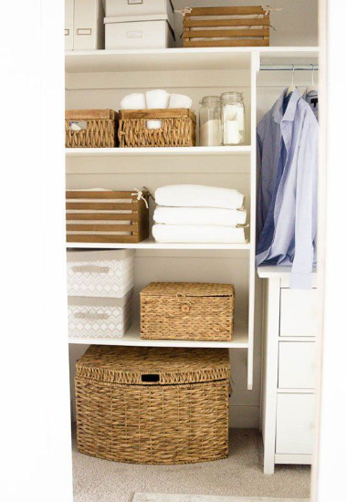 woven basket closet organizer to arrange the closet neatly.