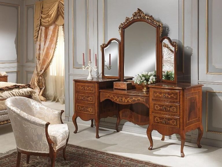 Dark-brown wooden dresser and vanity set with mirrors, multiple storage drawers and decorative floral arrangements. perfect for traditional styled bedroom