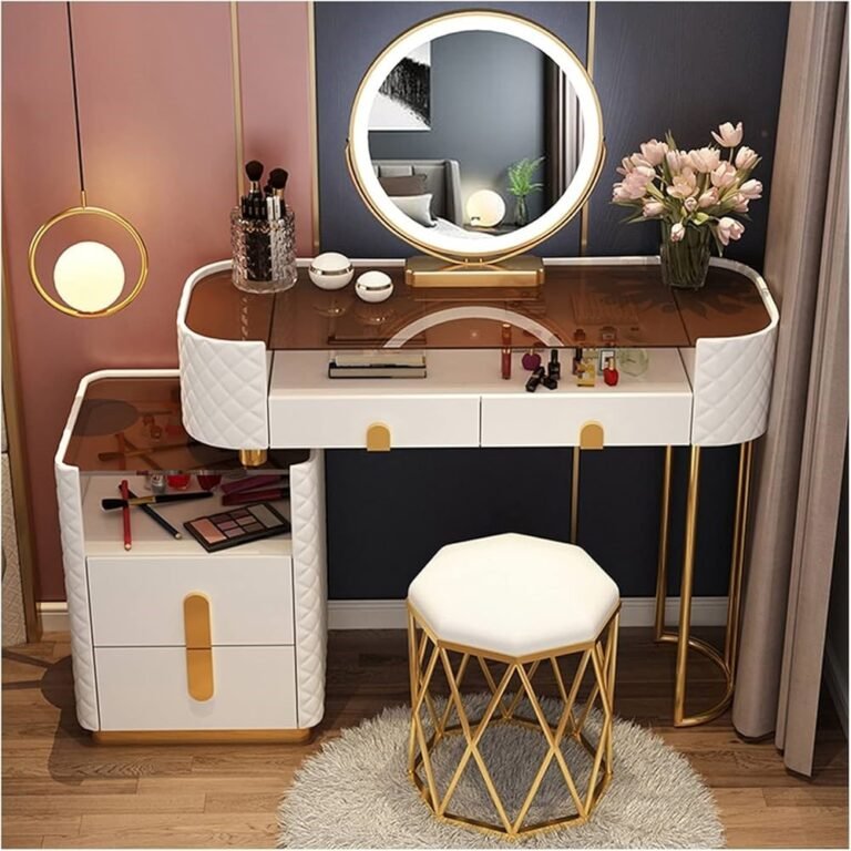 White Mirror-Integrated dressing table set with gold accents, featuring a pull out drawer, and a stool.