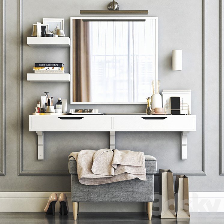 White wall mounted dressing table with a large mirror, illuminated by embedded lights , and multiple storage drawers. perfect for minimal bedroom design