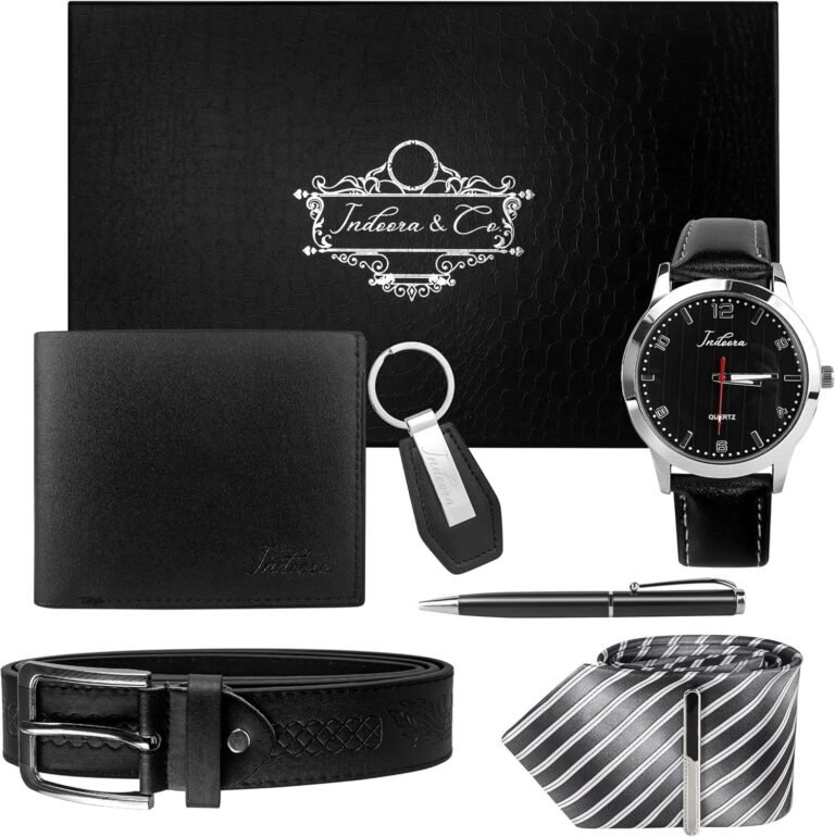 a customized gift set for your boyfriend this Christmas that includes essentials like a tie, belt, pen, watch, wallet, and key chain.