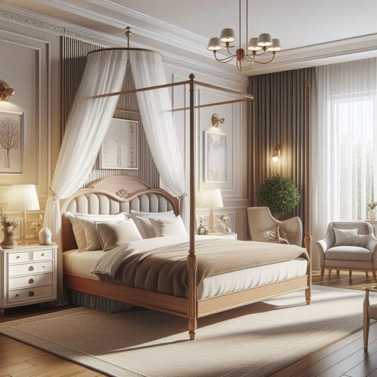 bedroom design for older couples with a canopy bed frame and comfort mattress with soft duvets and elegant timeless furniture with carpet flooring and functional lighting. to create their romantic and comfortable sanctuary.