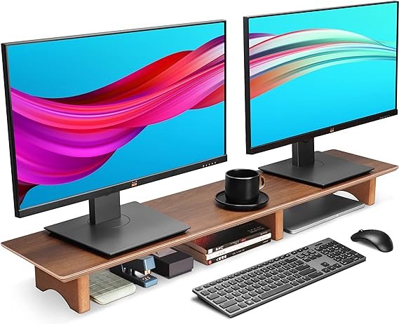 Large Dual Monitor Stand Riser, Solid Wood Desk Shelf with Eco Cork Legs for Laptop gift for tech friendly boyfriend.