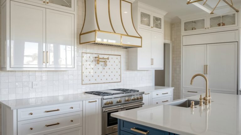 Modern minimal and neutral white kitchen cabinet designs with white backsplash and stove.