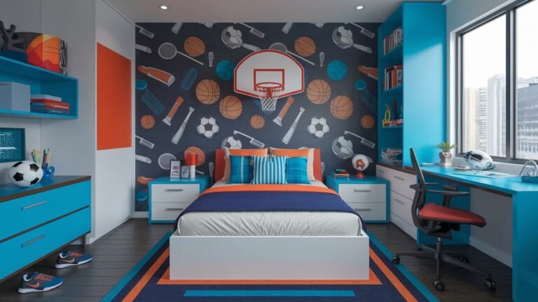 bedroom design ideas for a teenage boy whos personality is lively and bedroom theme is sporty